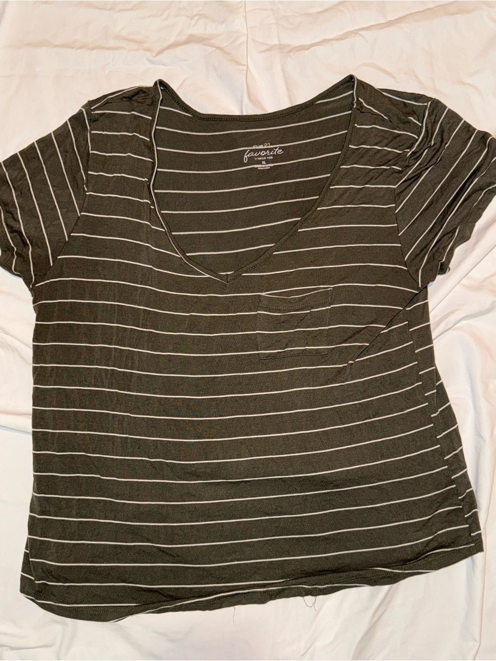 Rue21 Olive Green Striped V-Neck Pocket Tee